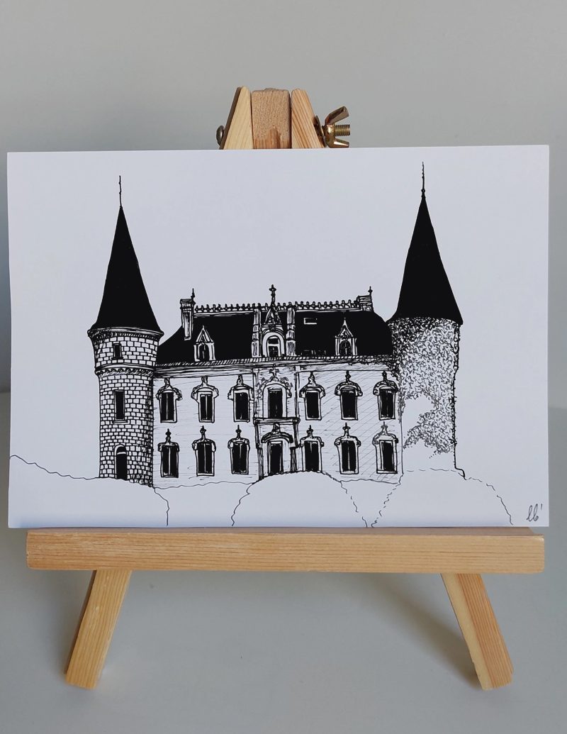 Cette illustration originale titrée de la collestion » Les châteaux » Chaque vue est entrèrement dessinée à la main , L’llustration est disponible en une dimension - A5,  Autre format sur commande!